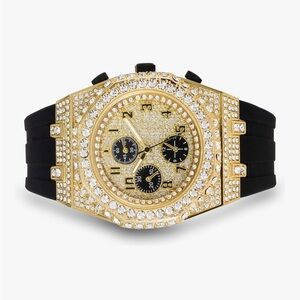 Gold Bust Down Iced Out Hip Hop Watch Black Silicone Strap VVS Diamond Bling